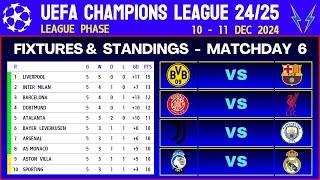 UCL FIXTURES TODAY - Matchday 6 / UCL Table Standings Today / CHAMPIONS LEAGUE FIXTURES 2024/25