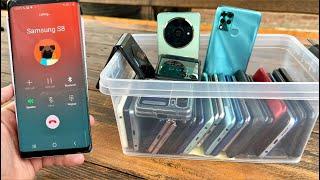 Box of Phones and an incoming Call Redmi A3+Tecno10s+Huawei 10pro+Samsung S24ultra+Z Fold3