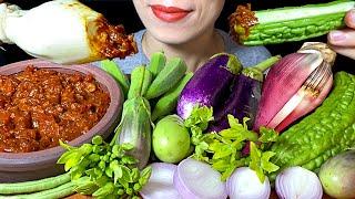 ASMR Raw Veggies (Banana Flower, Eggplant, Bitter Melon, Heavenly Flower, Long Bean, Okra) & sauce.