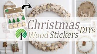 CHRISTMAS WOOD STICKERS DIYS / 18" WOOD WREATH DIY / Super EASY DOLLAR TREE DIYs