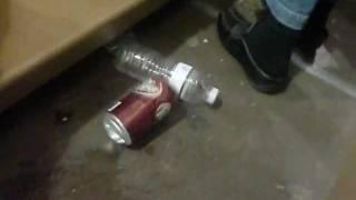 dr. pepper knocked over by stomp cheer and guy walks away with an empty can
