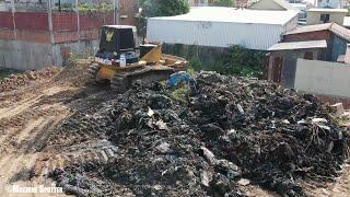 Incredible Skills Driver KOMATSU Bulldozer D41P Clearing Trash Into Water And Dump Truck Unloading