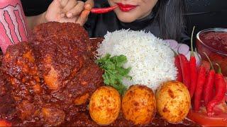 ASMR EATING SPICY WHOLE CHICKEN CURRY,SPICY EGG CURRY,RED CHILLI,RICE *FOOD VIDEOS*
