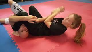 2 handed choke defence from side on attack, arm bar finish