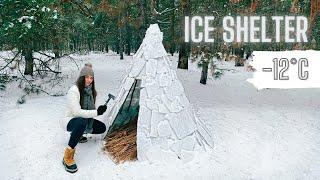 Solo bushcraft: building ICE SHELTER in winter forest | camping alone