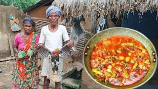 old grandma cooking COUNTRY CHICKEN CURRY with PAPAYA and eating with hot rice | actual village life