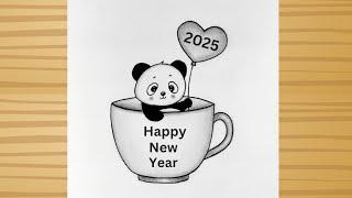 Happy New Year 2025 Drawing - Cute panda drawing in New year / 2025 new year cute panda drawing/ Art