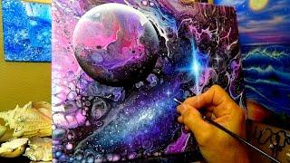 Beyond the Sun Acrylic Galaxy pour Painting with stars and planet step-by-step