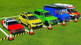 TRANSPORTING POLICE, AMBULANCE, TESLA, CHEVROLET CARS & VOLKSWAGEN POLICE ! Farming Simulator 22