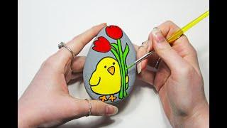 Easter Chick with Tulips Painted Rock | Step-by-Step Tutorial