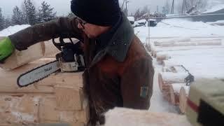 Рубим сруб бани в ласточкин хвост, из Архангельской ели, лес зимний.
