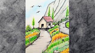 Landscape Scenery Drawing / Colored Pencils and Ink/ Pencil Sketch Tutorial/ House, Mountains, Trees