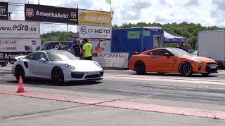 Nissan GT-R R35 vs Porsche 911 Turbo S 3.8 1/4 mile drag race