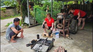 The mechanic girl fixed the tractor with a rusty cylinder that needed to be replaced.