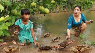 Catch crab and pick guava fruit in rainforest- Cooking crab with red chili so tasty for dinner