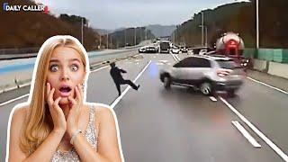 Man Has To Dodge Cars During Crazy Highway Pileup