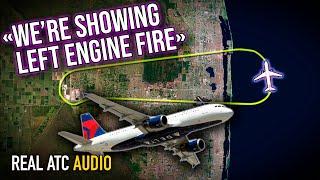 ENGINE FIRE after takeoff.Delta Airbus A320. REAL ATC