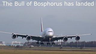 Emirates - Airbus A380 - Bull Bosphorus lands at AMS (A6-EDL)