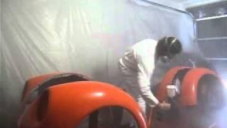 Spraying the fenders on the V8 Bug Hugger Orange - Summit Racing Paint