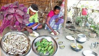 small fish curry with red spinach and karela fry cooking&eating by santali grandma||rural India