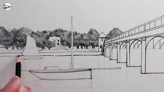 How to Draw a Landscape for Beginners: Bridge and River Pencil Drawing