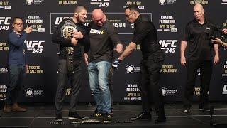 Khabib Nurmagomedov kicks Tony Ferguson’s UFC belt during face off | UFC 249 presser