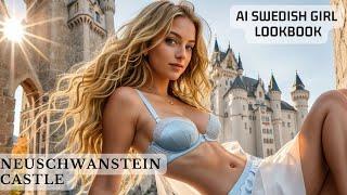 Swedish Girl: Blue Satin Lingerie & Miniskirt Lift Up. Neuschwanstein Castle Germany. AI Lookbook