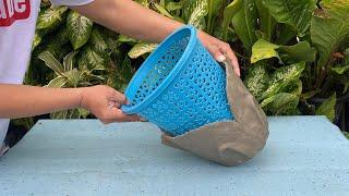 The Creative Design Ideas || Make Flower Pot Craft Made From Plastic Basket With Towel And Cement