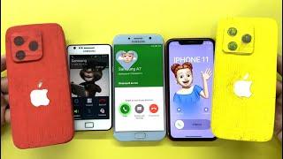 Two Wooden IPhone incoming Call Samsung A7 vs IPhone 11pro + Galaxy S2plus