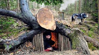 Building a secret survival dugout under a fallen tree