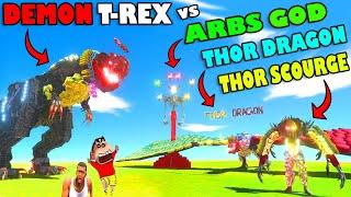 DEMON T-REX vs THOR SCOURGE, ARBS GOD and THOR DRAGON | CHOP and SHINCHAN in ANIMAL REVOLT BATTLE