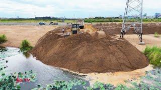 Huge size project Ep3, SHANTUI DH17C2 Bulldozer Start to Move Sand filling Water, 18ton Dump Truck