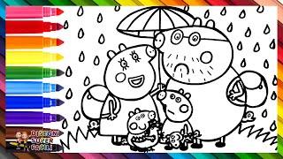 Disegnare e Colorare Peppa Pig con la Sua Famiglia sotto la Pioggia  Disegni per Bambini