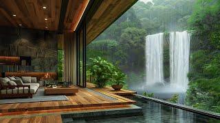 Forest Luxury Living Room with Waterfall View  Rain Sound for Healing, Overcome Stress, Meditation