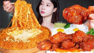 ASMR MUKBANG | Super Cheesy! Spicy Stir-fried Cheese Ramen X4  Spicy Seasoned Fried Chicken 