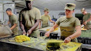 Busy US Army Cooks Handle Rush Time In Massive Military Kitchen