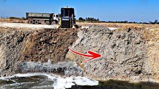 BEST ACTIVITIES! Skillful Bulldozer Pouring Soil Dropping In Water, 25.5t Truck Unloading Soil