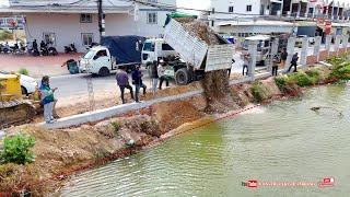 Amazing Job! Mini Dump Trucks Automatic Dumping Stones Into Water To Filling The Edge Fence Of Pond