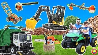 Using lawn mowers with garbage trucks and excavator in a mowing compilation with lawn tools for kids