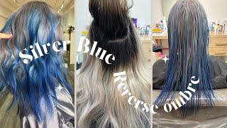 Silver Blue Reverse ombre hair : bleach black to be silver in one session!