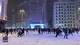 Crowd Stages Snowball Fight in Madrid as Storm Filomena Hits Spain