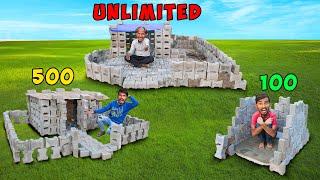 100 vs 500 vs Unlimited White Bricks House Making Challenge