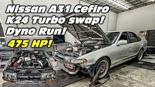 K24 Turbo Swapped Nissan A31 Cefiro First Dyno Run. 475 hp & Awesome Sound!