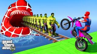 GTA 5 Crazy Ragdolls | Colorful Spiderman by Dirt Bike On Hulk Bridge (Spider Shark Jumps)