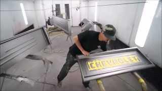 Taping off the letters for paint on a 1962 Chevy Truck tailgate in only 25 Seconds!!!