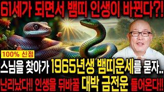 65년 뱀띠 2025년 운세1965년생 61세 뱀띠 운세 을사년 2025년 금전,귀인,문서,자식복까지 다 들어 돈걱정 없이 살게된다! 말년 책임질 대운들어온더 65년생 운세