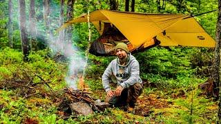 Camping In Rain With Hammock And Tarp