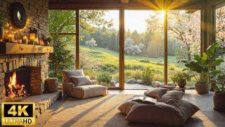 Cozy Spring Cabin Ambience  Smooth Piano Background Music and Fireplace Sounds for Relaxation