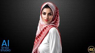 4K AI Art Lookbook Video of Arab Beauty with Hijab ｜ Light Red, Black and White Design