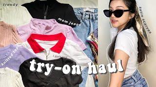 shopee try-on haul  (affordable mom jeans, crop tops, & satin scarves)